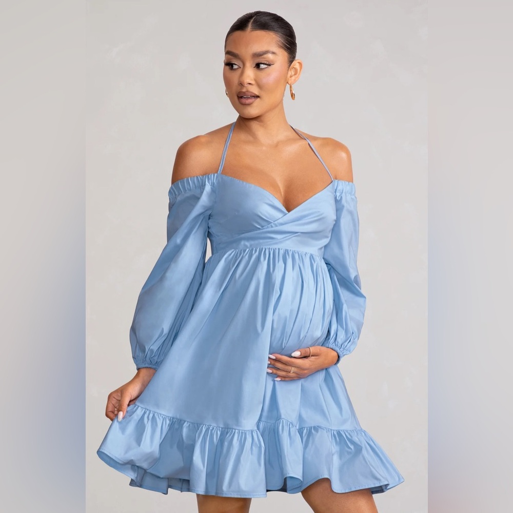 NWT Club L London Kyra Maternity Powder Blue Babydoll Maternity Mini Dress